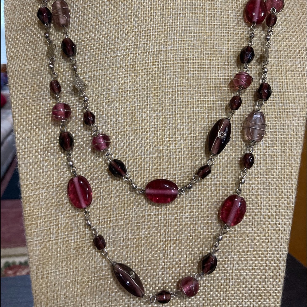 Amethyst colored Wire Wrapped Glass beaded silver tone findings/chain necklace